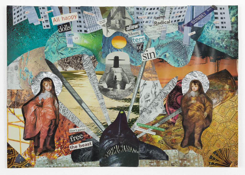 Exploring the surreal depths of modern consumerism and fear, this mixed media artwork juxtaposes vintage dolls with a menacing shark, set against a backdrop of architectural forms and vibrant colors. Text fragments like 'All happy dolls' and 'free the beast' add a thought-provoking layer. The collage's rich textures and intricate details invite viewers into a complex narrative that challenges perceptions of innocence and danger. This piece is a striking example of contemporary art's ability to blend disparate elements into a cohesive and compelling story.
