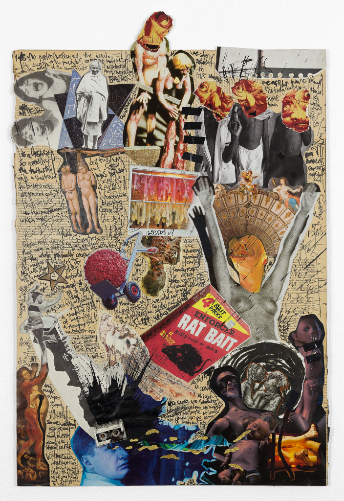 Powerful Mixed Media Art: This dynamic collage by a contemporary artist combines various elements such as human figures, abstract forms, and symbolic imagery. Featuring handwritten notes, vibrant colors, and a mix of textures, the artwork addresses themes of humanity, struggle, and transformation. Prominent visuals include a figure reaching upward, anatomical details, and bold text like 'Rat Bait,' creating a thought-provoking and layered composition. Ideal for art enthusiasts and collectors, this piece exemplifies the artist's innovative approach and unique vision. Cometh Nursse Art