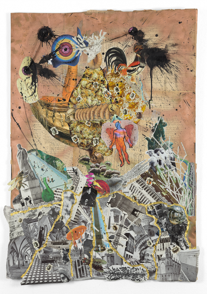 Art of Cometh Nursse. The image is a mixed media artwork that combines elements of collage and painting to create a surreal, dreamlike composition. It features an array of diverse elements such as anatomical figures, abstract shapes, natural imagery, and architectural structures. The artwork is rich in textures and layers, with vibrant colors and intricate details. Various objects and scenes are juxtaposed, creating a sense of movement and transformation. The piece evokes a narrative that is both complex and open to interpretation, inviting viewers to explore its many facets. 